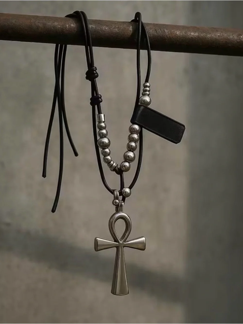 Black Leather Cord Necklace with Silver Ankh and Bead Accents
